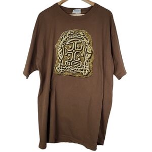 Vintage‎ United Design T-Shirt Tribal Print Single Stitch Soft Goods Brown